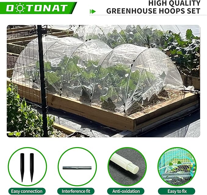 Garden Hoops for Raised Beds- Rust Free Fiberglass Frame Plant Hoops with Support Bases -Greenhouse Hoops Grow Tunnel , 72pcs，Vanilla