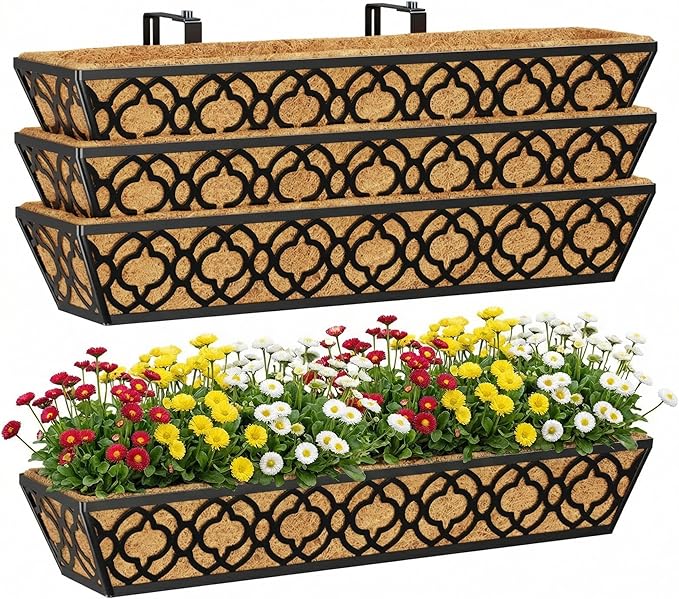 Y&M 4pcs 30" Horse Trough Window Boxes with Coconut Coir Liner, Black Metal Hanging Flower Planter Deck Railing Planter Boxes for Outdoor Indoor