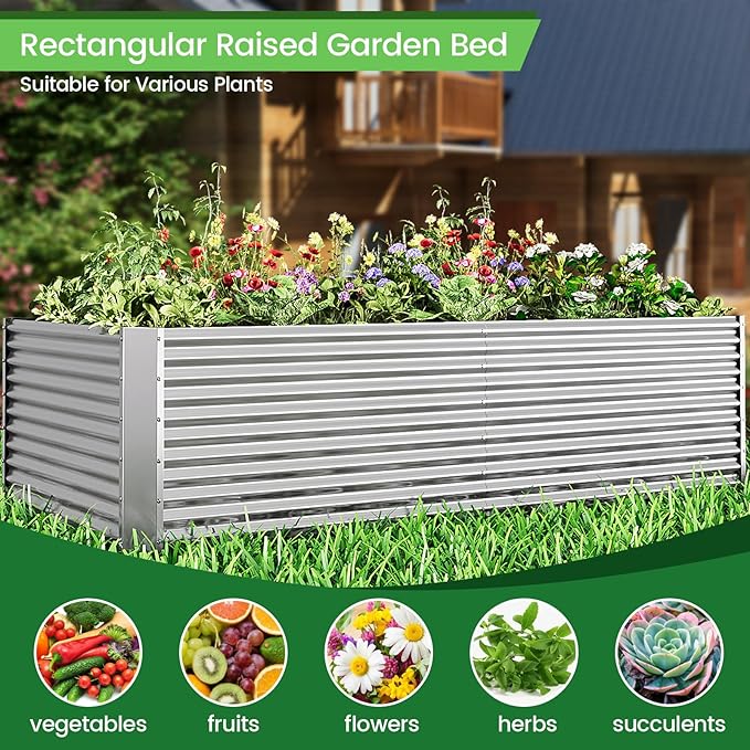 FRIZIONE 2pcs Tall 8x3x1.5ft Galvanized Raised Garden Bed Outdoor,Steel Garden Bed for Vegetables,Above Ground Garden Box for Flower,Metal Raised Beds for Gardening