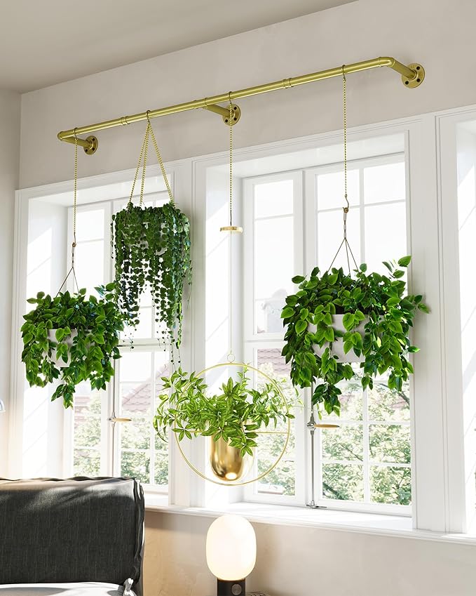 Plant Haning Rod, Hanging Planters for Indoor Plants with 6 Chains, Wall Plant Hanging Bar for Window Celling, 65.7 Inch, Metal Gold, Pots Not Included