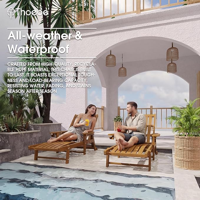 Patio Chaise Lounge Chair Set of 2, Oversized Lounge Chair Outdoor with 5 Positions, HDPE, Patio Lounge Chair with Wheels & Cup Holder for Pool, Deck, Poolside,Wood