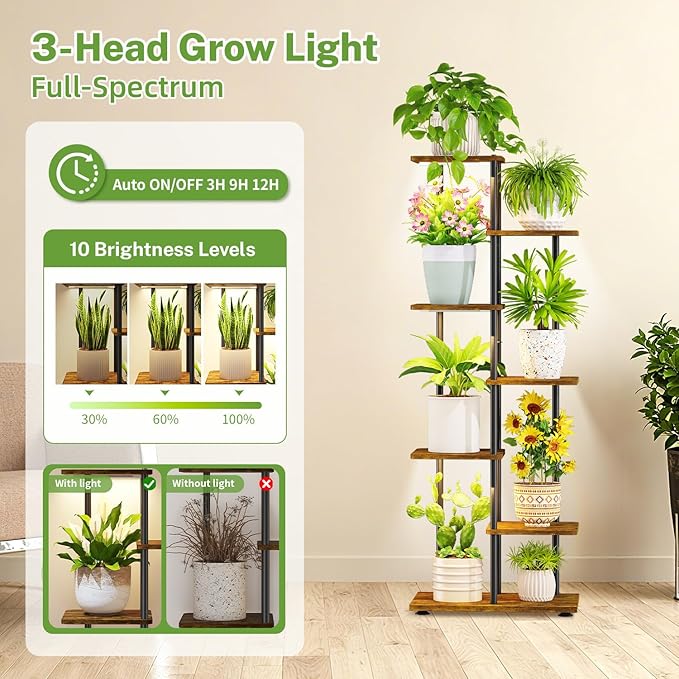 iDavosic.ly 6 Tier Tall Plant Stand Indoor with Light, Tiered Corner Metal Wood Multiple Flower Holder Shelf, 50 Inch Display Grow Rack for Living Room Bedroom, Modern Black & Rustic Brown
