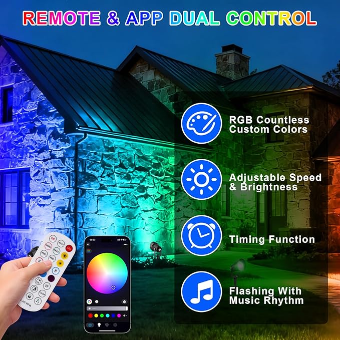 RGB Color Changing Spotlights Outdoor, LED Landscape Lighting with Remote/APP Control, Music Sync & Timing Mode, IP65 Waterproof Outdoor for Yard Garden Pathway Christmas Halloween, 4 Pack