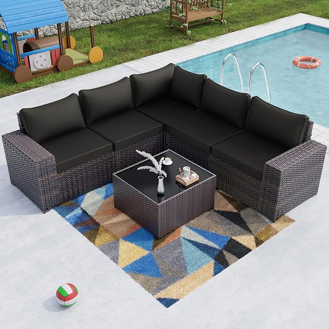 Kullavik 6PCS Outdoor Patio Furniture Set PE Wicker Rattan Sectional Sofa Patio Conversation Sets,Black