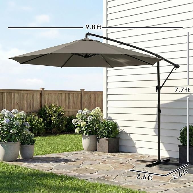 Outsunny 10 ft Offset Patio Umbrella with Cover, Round Hanging Cantilever Umbrella with 6-Position 360° Rotation, Crank Handle, Tilt, Cross Base, Heavy Duty Outdoor Umbrella for Garden