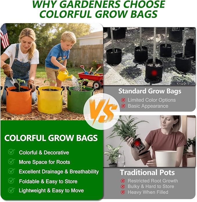 Grow Bags, 7 Pack Colorful 10 Gallon Grow Bags, Reusable Fabric Grow Bags, Foldable & Washable for Vegetables, Tomato Pots, Garden & Outdoor Growing
