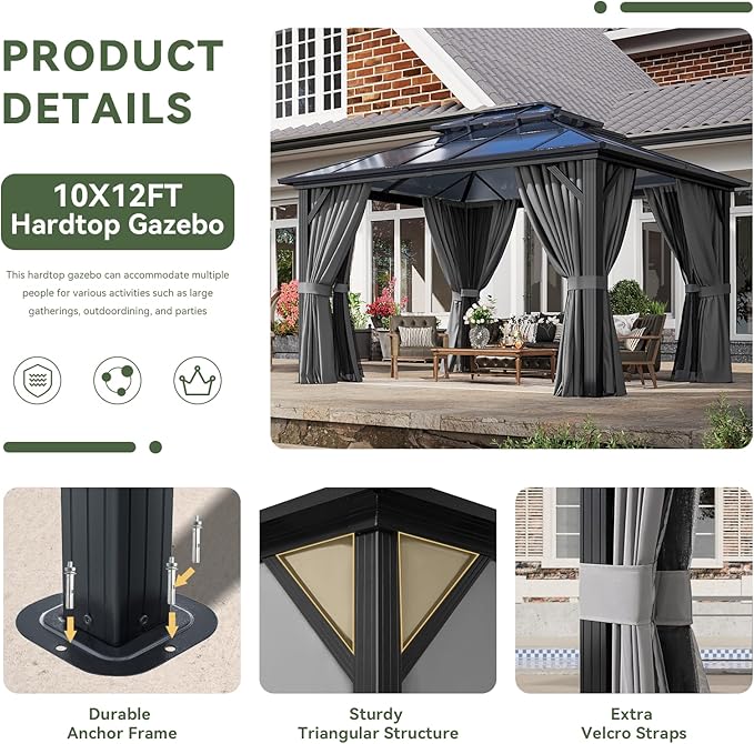 Aoxun 10'x12' Hardtop Gazebo, Aluminum Frame Permanent Pavilion with Curtains and Netting, Outdoor Polycarbonate Double Roof Canopy, Designed for Garden, Lawns, Patio