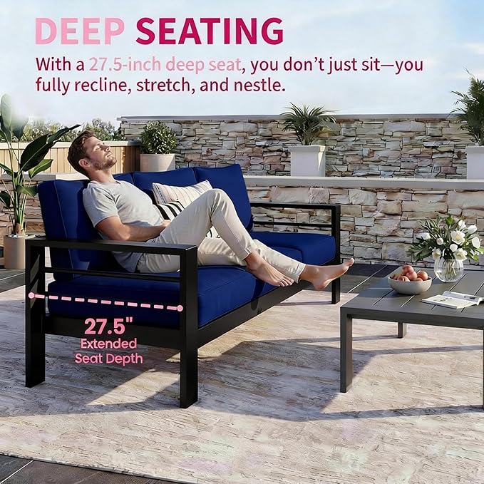 Kiss the Water Outdoor Couch Aluminum Patio Furniture Sofa, 3 Seat All-Weather Metal Patio Couch with 5" Thick and Soft Cushion and Wide Arm, Outdoor Sofa for Balcony, Porch