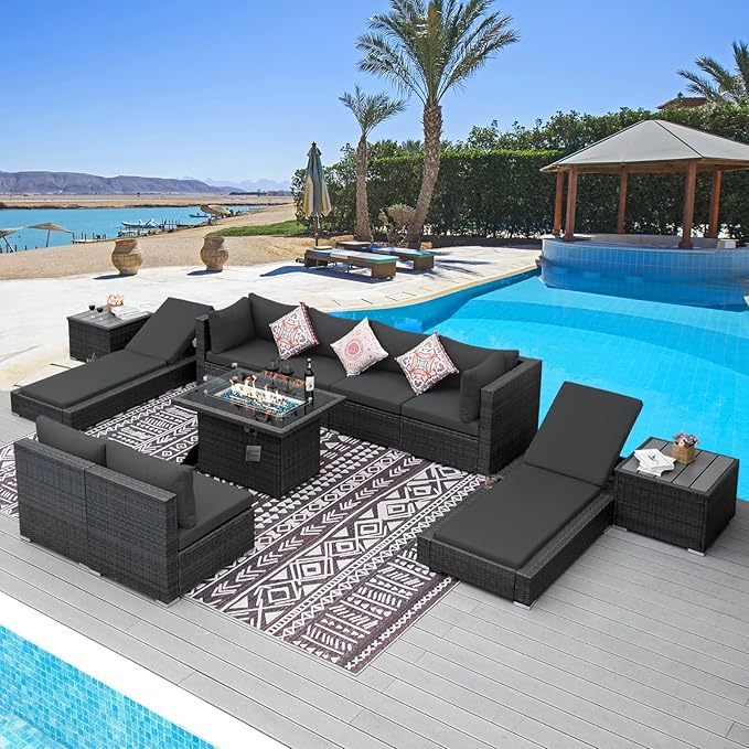 NICESOUL 11 Piece Patio Furniture Set with Fire Pit Natural Gas/Propane, 29.3'' High Back Outdoor Sectional with Lounger & Fire Pit, Large Deep Rattan Sofa Set for Garden Backyard, Gray