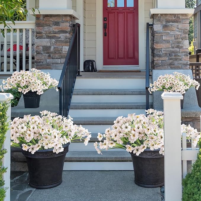24 White Bundles Artificial Flowers for Outdoors/Indoors Fake Flowers Plants for Indoor Outside Garden Porch Window Box Home Wedding Farmhouse