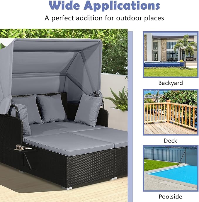 Tangkula Patio Rattan Daybed with Retractable Canopy, Outdoor Wicker Sunbed Lounger with 2 Foldable Side Tables, Thick Seat & Back Cushions, Outside Double Daybed for Garden, Backyard, Porch (Grey)