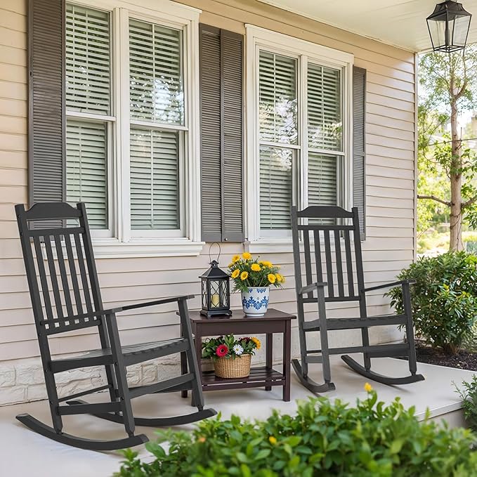 Patio Rocking Chair Outdoor Set of 4,Weather Resistant Poly Resin Oversized Porch Rocker,High Back Smooth Design,350lb Weight Capacity,Indoor Outdoor Use(4, Black)