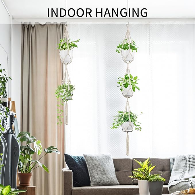 Macrame Plant Hanger - Fits 4 to 8 inches Pots for Indoor Outdoor, 49"/72" 2 Sizes Set, Ivory (POTS NOT Included)