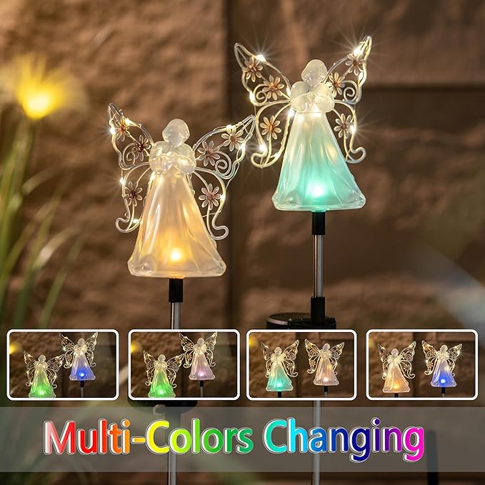 Solar Angels for Cemetery Grave Sympathy Memorial Remembrance Gift Solar Angels for Outside as Yard Decorations Lawn Ornaments Solar Garden Decor, Angel Gifts for Women 2 Pack (Pink Flower)