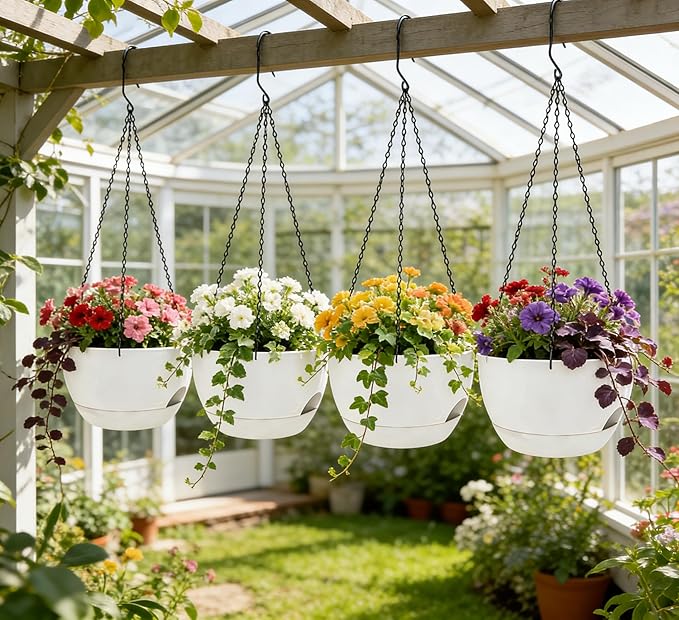 Set of 2-8 Inch Self Watering Hanging Planters for Indoor Outdoor，Hanging Plant Pots with Drainage & Removable Tray, Hanging Pots Holder for Ivy, Pothos, Ferns, Balcony & Patio, White