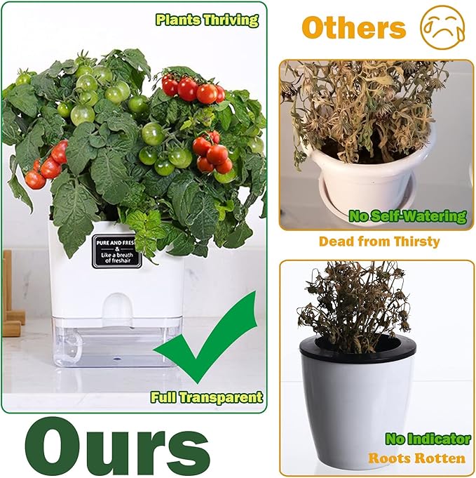 Planterhoma Self Watering Plant Pots for Indoor Plants 7 inch, 4 Packs Rectangle Self-Watering Planters with Drainage Hole, White African Violet Pots for Devil's Ivy, Spider Plant, Orchid, Herb