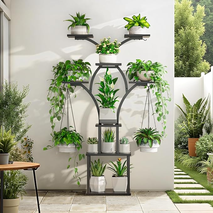 Elbourn Plant Stand Indoor with Grow Lights - 60" Tall Metal Plant Shelf for Multiple Plants, 8 Tiered Corner Plant Stands for Indoor Plants, X - Shaped Decorative Rack for Home, Living Room & Patio Decor (Black)