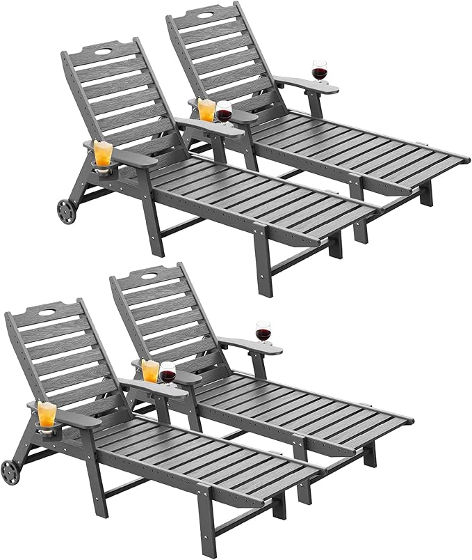 Carauci Lounge Chair Outdoor Set of 4, HDPE Chaise Lounge with Wheels, 5-Position Adjustable Backrest & 2 Cup Holders Patio Lounge Chair, All-Weather Pool Sun Lounger for Poolside, Backyard, Grey