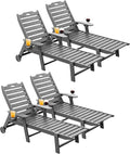 Carauci Lounge Chair Outdoor Set of 4, HDPE Chaise Lounge with Wheels, 5-Position Adjustable Backrest & 2 Cup Holders Patio Lounge Chair, All-Weather Pool Sun Lounger for Poolside, Backyard, Grey