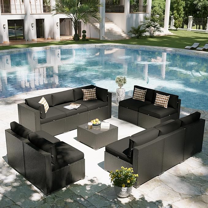 Aoxun Patio Furniture Set, 11 Piece Outdoor Sectional Sofas with Waterproof Cover, 10 Seats Wicker Rattan Outdoor Furniture Patio Conversation Set for Backyard, Garden Black