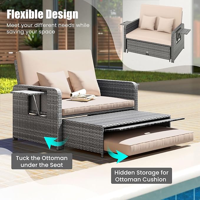 Tangkula Patio Rattan Daybed with 4-Level Adjustable Backrest, Outdoor PE Wicker Loveseat with Storage Ottoman & Folding Side Table, Double Sunbed for Balcony, Backyard & Poolside, Beige & Grey