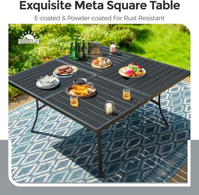 9 Pieces Patio Dining Set, 8 x Woven Rattan Chairs with Waterproof Cushion, 60" Square Metal Dining Table with Umbrella Hole, Outdoor Table and Chairs Set for Backyard Lawn and Deck, Beige