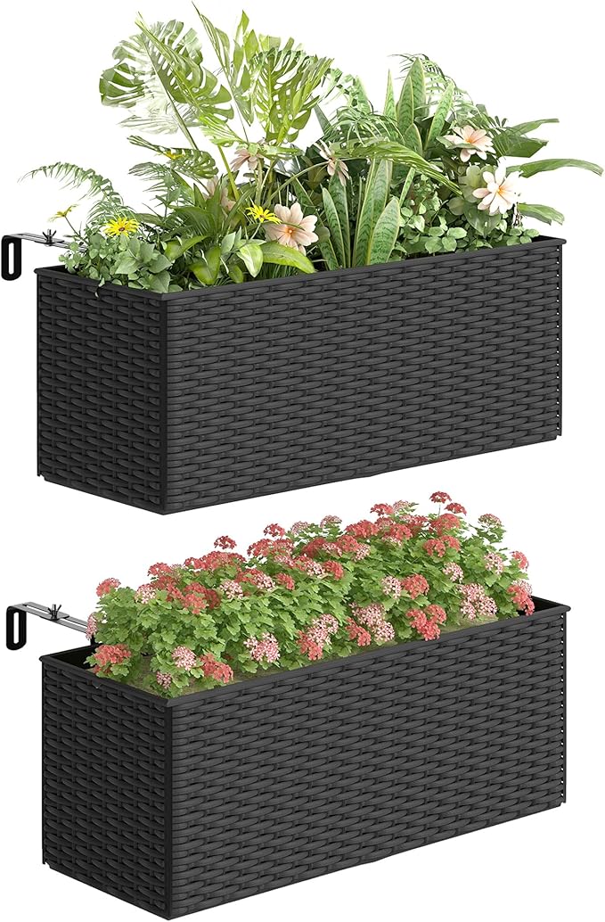 Outsunny Railing Planter Box (2 Pack, 20 Inch), Hanging Flower Pots with Hooks, Drainage Holes for Fence, Balcony, Garden, Patio, Rattan Look, Black
