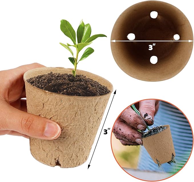 winemana 100 Pack Seed Starter Tray Kit, Biodegradable Peat Pots for Seedling with 100 Plant Labels, Plant Garden Germination Tray for Flower Vegetables Succulents (3" x 3")