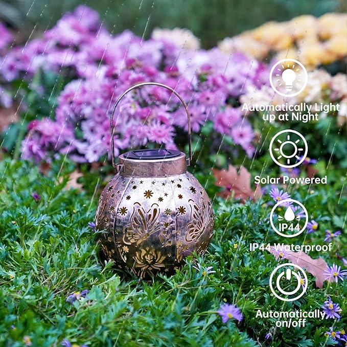 2 Pack Outdoor Solar Hanging Lantern Lights Metal LED Decorative Lamp for Garden Patio Courtyard Lawn and Table with Hollowed-Out Design (Bronze Butterfly)