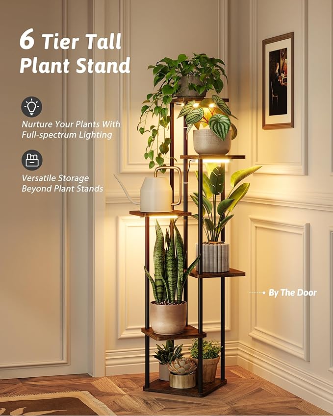 Corner Plant Stand Indoor 6 tiered plant shelf for Multiple Plants tall plant holder plant table metal shelving for Living Room Bedroom Balcony Patio Brown Oak with Light