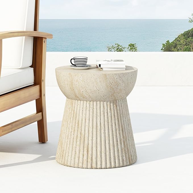 Christopher Knight Home Dila Patio Side Table, Lightweight Concrete End Table, Small Coffee Table, Garden Stool, Decorative Accent Table, Round Table Top, Side Table for Poolside Balcony, Travertine