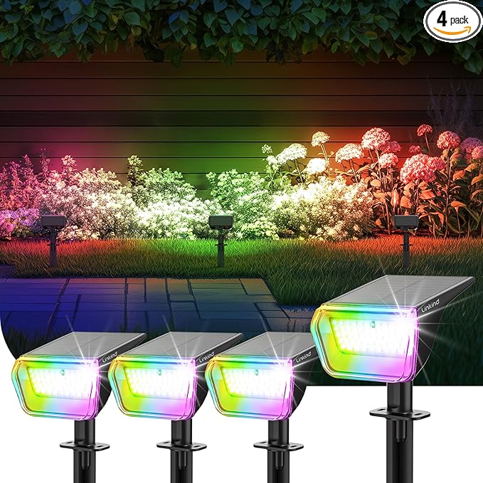 Linkind RGB Solar Spot Lights Outdoor Waterproof IP67, 60 LED 10 Lighting Modes Color Changing Landscape Lighting for Garden Yard Pathway Decorations (4 Pack, Multicolor)
