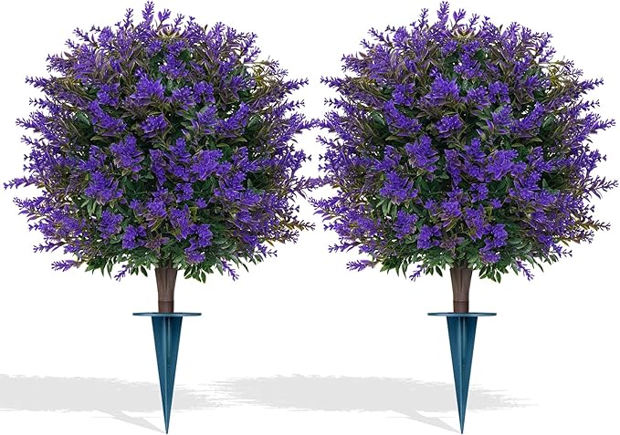 Artificial Lavender Topiary Ball for Outdoors, Set of 2 Boxwood Plant Tree with Spike, Fake Shrubs UV Resistant Faux Plants for Indoor Outdoor Decor
