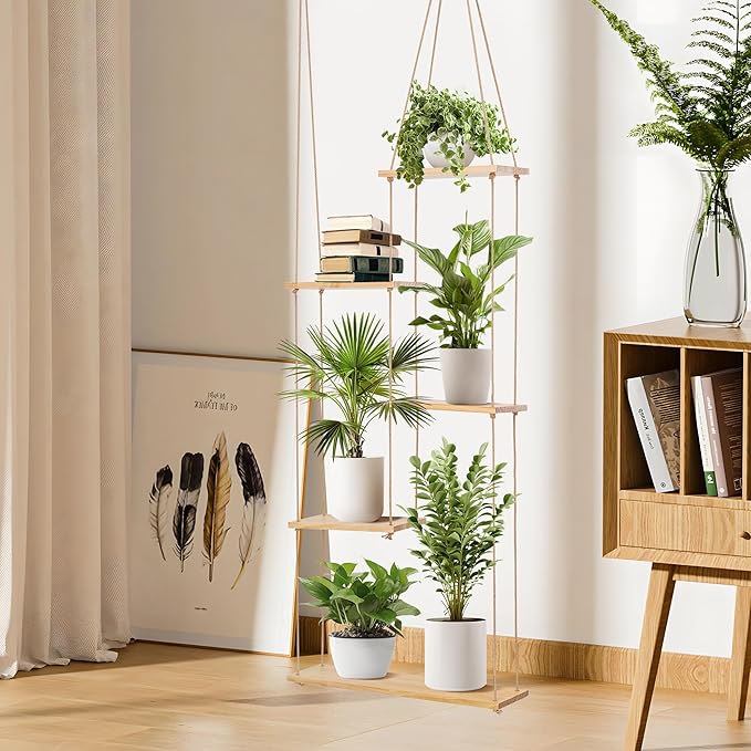 Hemp Rope Hanging Window Plant Shelf from Ceiling for Narrow Space Boho Hanging Plant Shelves, Natural Pine Wooden Plant Hanger Display for Indoor