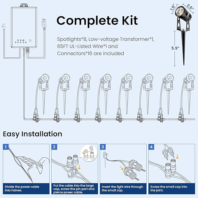All-in-One Outdoor Low Voltage Landscape Lighting Kit, LED Landscape Spot Lights with 60W Transformer and 65FT Wire, Waterproof Outside Spotlights for Yard, Garden, Tree, Pathway, House, 3000K, 8 Pack