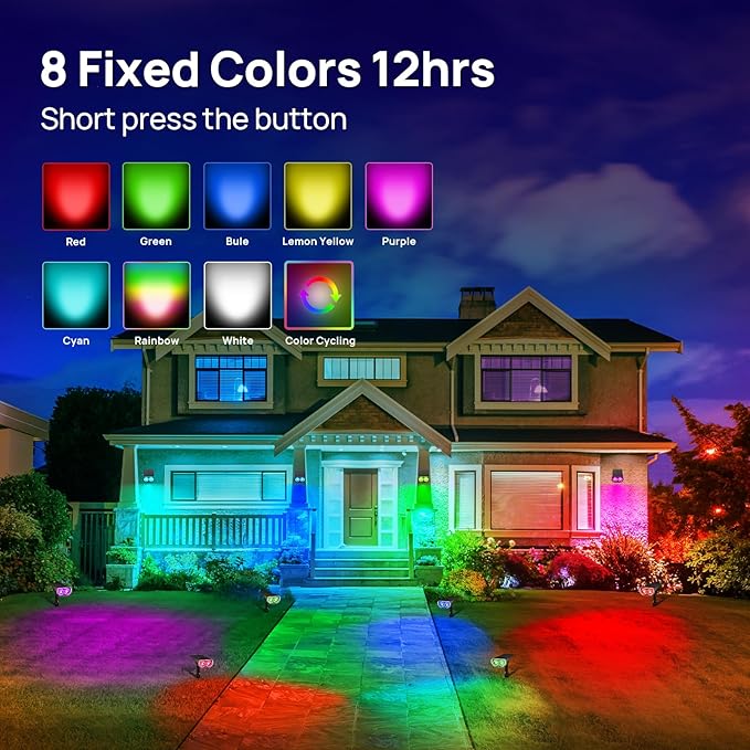 Consciot Solar Spot Lights Outdoor, Halloween Decorations 22 LEDs IP67 Waterproof Color Changing Solar Outdoor Lights, 8 Colors, 2-in-1 Adjustable Wall Lights for Garden Yard Pathway, 4 Pack (RGB)