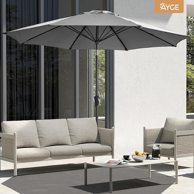 Ayge 9FT Large Outdoor Patio Umbrella Market Table Umbrella-UV Resistant, Easy Push Button Tilt and Crank, 8 Sturdy Fiberglass Ribs Heavy-Duty Pool Umbrella for Deck, Backyard,Garden,Grey