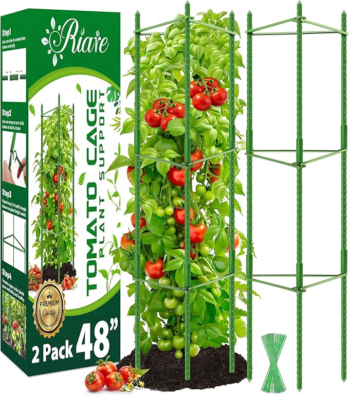 Riare 2 Pack 4 FT Tomato Cages for Garden- 48inches Heavy Duty Garden Stakes, Adjustable Tall Tomato Plant Support Tomato Trellis Cage for Pots, Raised Garden Bed, Climbing Vegetables Plants Flowers