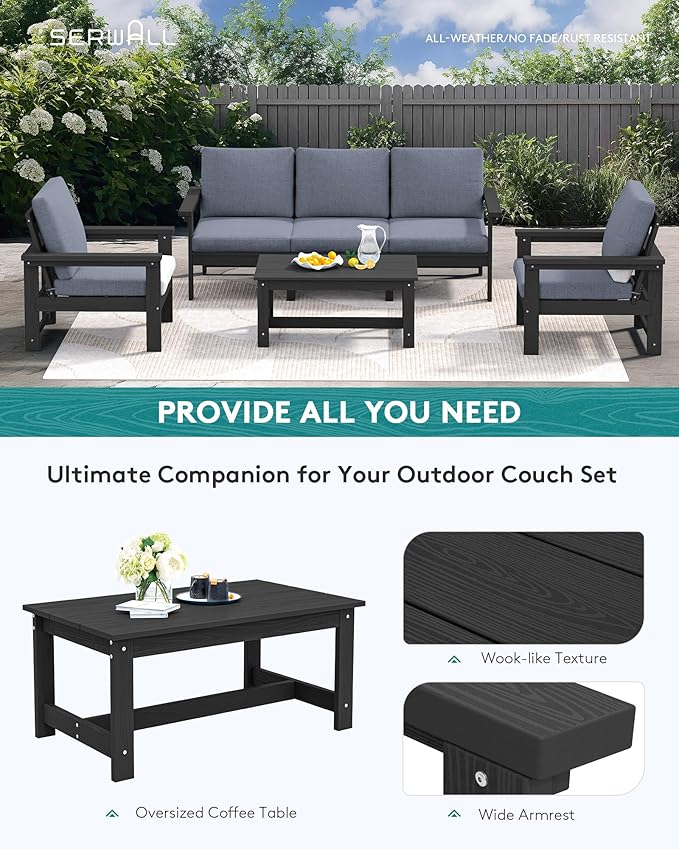 SERWALL HDPE Patio Conversation Set, 6-piece Sectional Outdoor Furniture Set, All Weather Outdoor Couch Set Patio Furniture Set for Deck, Lawn, Black Frame with Grey Cushion