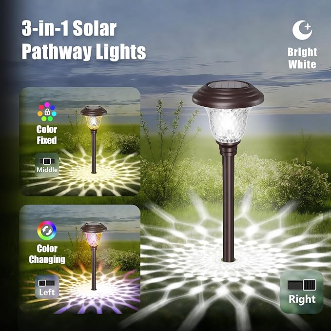 BEAU JARDIN 8 Pack Solar Pathway Lights Outdoor Solar Powered Waterproof Glass Christmas Gift High Lumen for Garden Landscape Path Yard Walkway Driveway White Color Changing Bronze