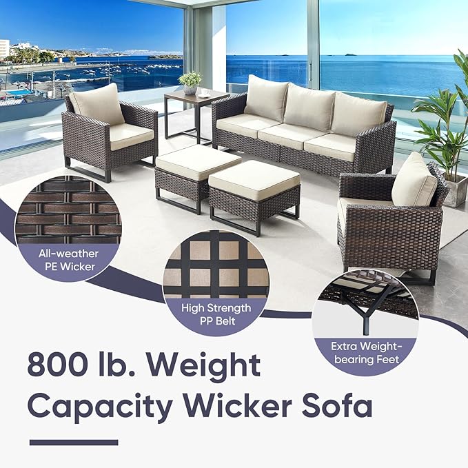 Belord Patio Furniture Set with Fire Pit Table: 9 Pieces Wicker Oversize Patio Conversation Set with Outdoor Swivel Glider Rocker Rattan Couch Ottomans, Anti-Rust Frame, Removable Cushion Beige