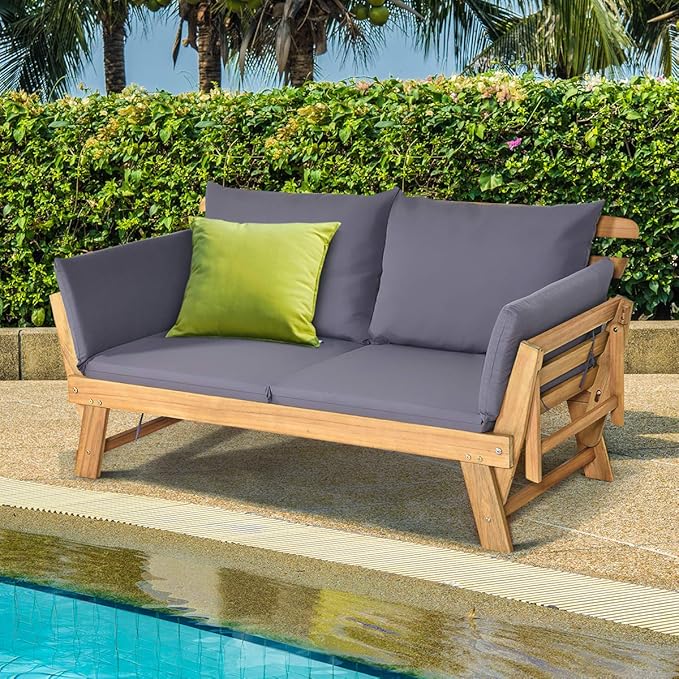 Tangkula Convertible Acacia Wood Patio Couch Sofa Bed with Adjustable Armrest, Outdoor Daybed with Cushion & Pillows, Outside Folding Futon Sofa Couch Bench for Porch, Courtyard, Poolside & Garden