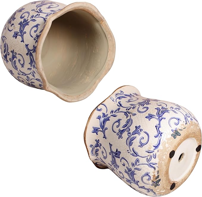 Retro Distressed Ceramic Flower Pots, Antique Crackle Glaze Planters with Drainage for Indoor Plants, Blue and White Chinoiserie Pottery Vase for Living Room Balcony Office Decor, Gardening Gifts