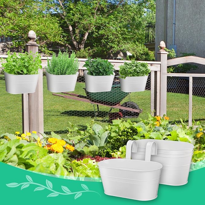MADHOLLY Railing Planter with Drainage Holes - Sturdy Bucket Pots for Railing Fence, Countryside Style Metal Flower Pots for Herbs Balcony Garden Yard Decor, 4Pcs, White