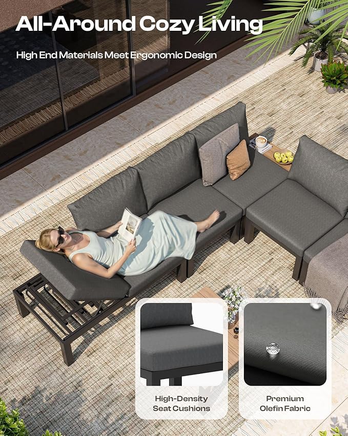 Aluminum Modular Outdoor Patio Furniture Set, 6 Seats Patio Sectional Sofa Set with Adjustable Backrest & Thick Cushions, All-Weather Conversation Sets with Table for Garden & Yard, Graphite
