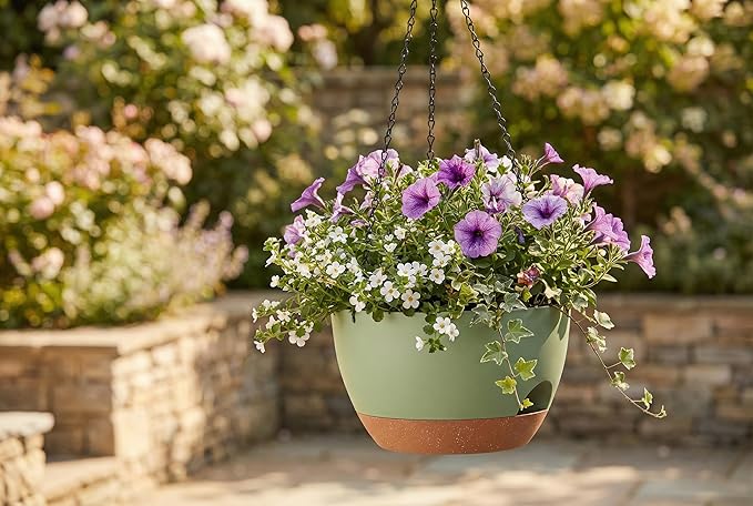 Hanging Planters 3-Pack, 8 Inch Self-Watering Hanging Pots with Drainage Hole and Chains, Plastic Planters for Indoor Outdoor（Green Brown）