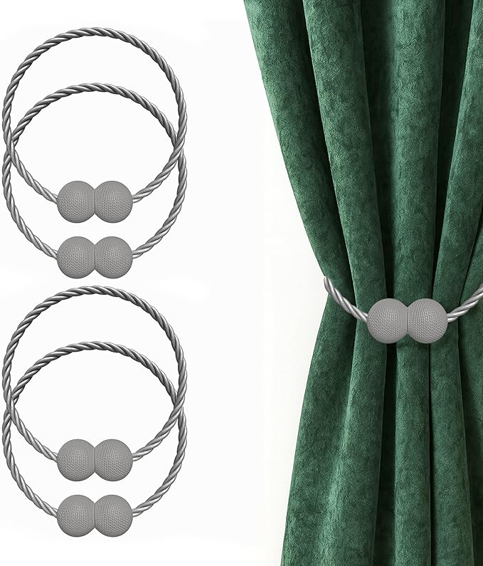 Hion Magnetic Curtain Tiebacks Grey 4 Pack, Curtain Tiebacks Buckles Holdbacks Holders Hooks Clip for Home Bedroom Office Decorative Thick or Thin Curtain