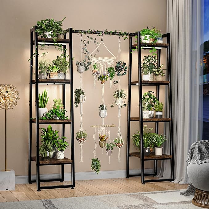 Simple Trending Plant Stand Indoor with Grow Lights, 4 Tier Large Hanging Plant Shelf for Plants Multiple, Metal Ladder Display Holder for Home Patio, Black