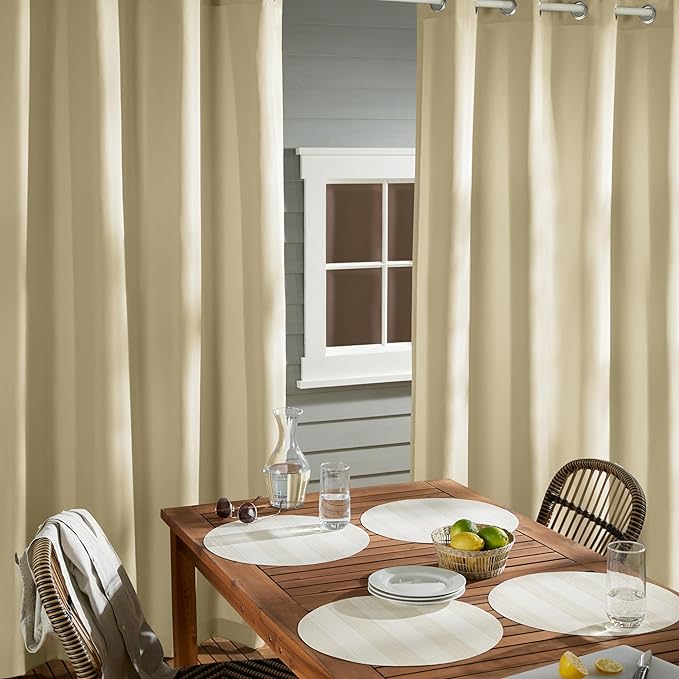 TOWN & COUNTRY BASICS Cabana Solid Heavyweight Indoor Outdoor Curtains, Light Filtering Opacity with Grommet Top, Water Repellent, 2-Pack Set, 54"x96", Natural
