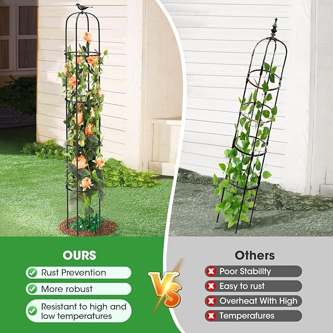 Tower Obelisk Garden Trellis for Climbing Plant，6.3FT/75.6" Rustproof Metal Potted Plant Climbing Support for Indoor Outdoor Flowers Vegetable Fruits Vines Support (1PCS)